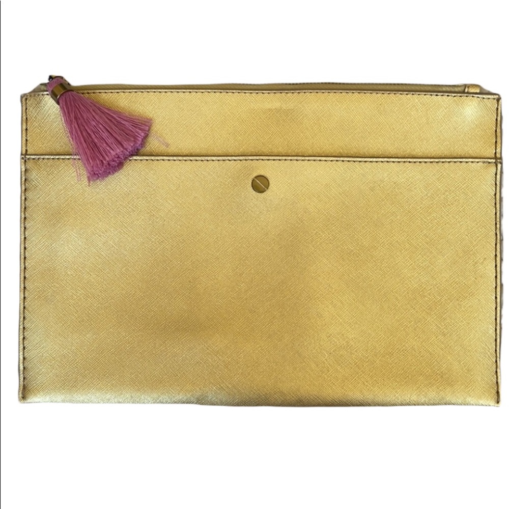 J CREW LEATHER CLUTCH GOLD PINK TASSEL ZIP EUC